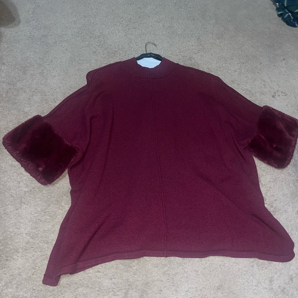 Burgundy Sweater with Faux Fur Accents